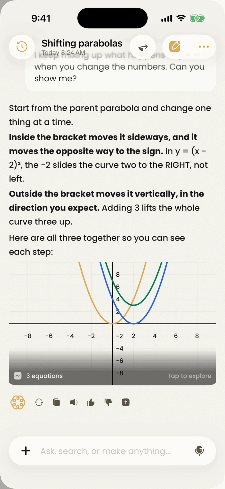 Acuide chat explaining how a parabola shifts, with all three equations drawn on one graph