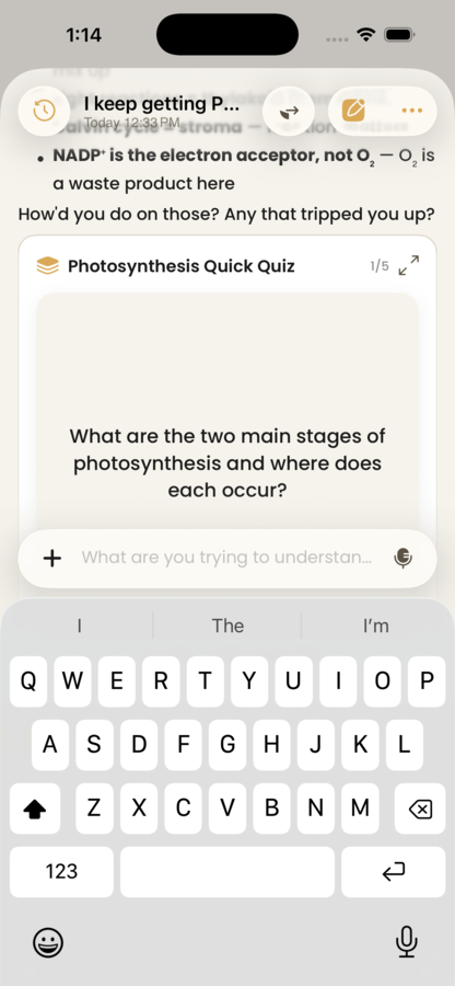Acuide chat building a quick photosynthesis quiz from the learner's material