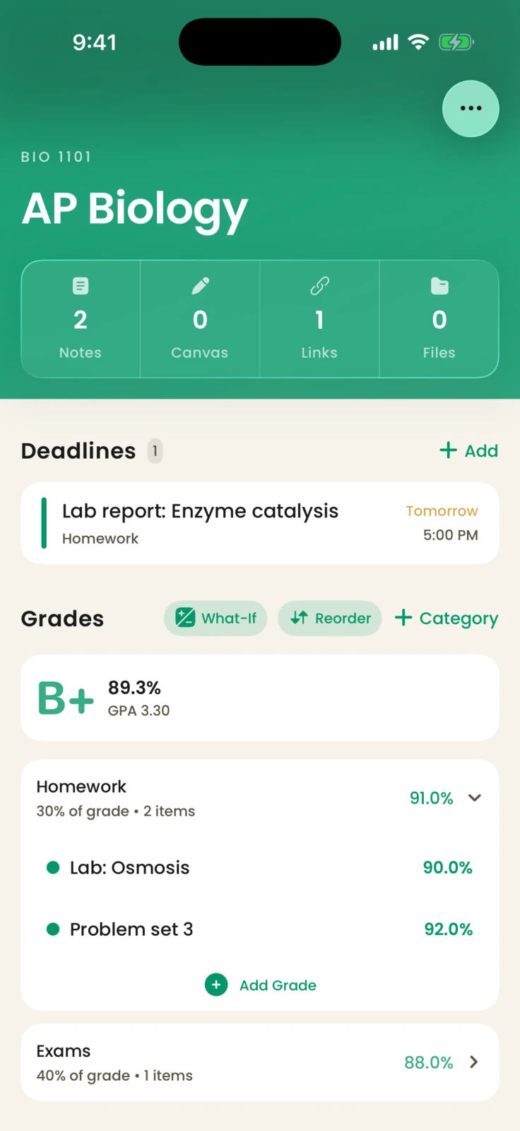 Dinah's BIO 1101 course page showing an upcoming lab report, a B+ running grade, and the next AP Biology session