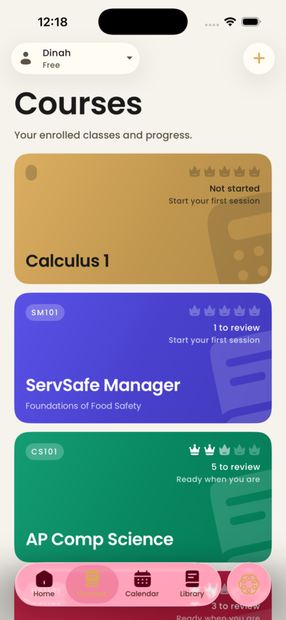 The Acuide courses screen listing enrolled classes with review counts