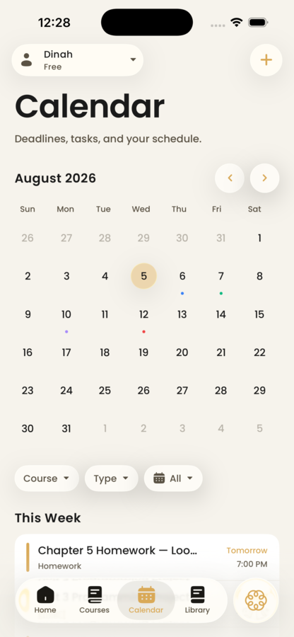 The Acuide calendar showing deadline dots on a month grid and a This Week list