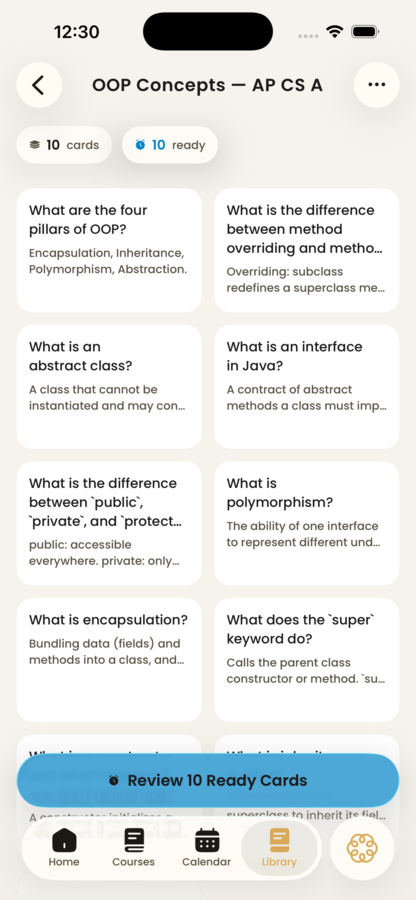 An Acuide flashcard deck on OOP concepts with ten cards ready to review