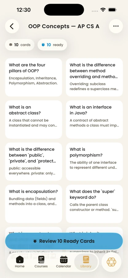 An Acuide flashcard deck on OOP concepts with ten cards ready to review