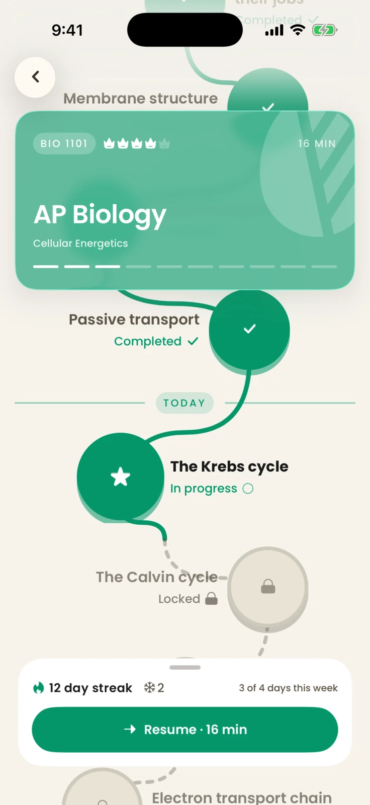 Dinah's BIO 1101 AP Biology mastery pathway with completed, in-progress, and locked concepts and a 12-day streak
