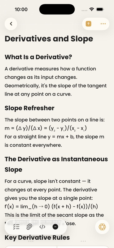 Acuide note editor showing filled calculus study notes with derivative concepts