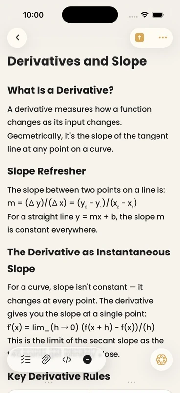 Acuide note editor showing filled calculus study notes with derivative concepts
