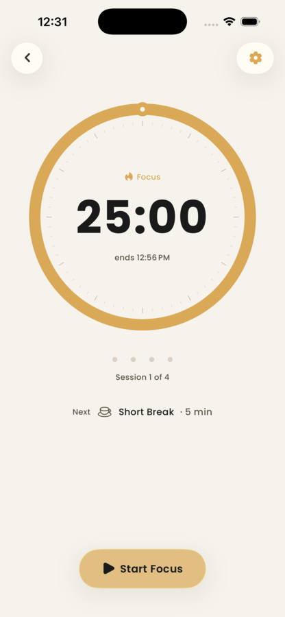 The Acuide focus timer showing a 25 minute session with a short break up next